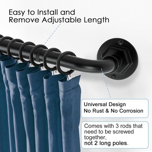 Byondeth Curtain Rods - Adjustable Blackout Wrap Around | 16 to 45 Inches, 1 Inch Diameter, Black