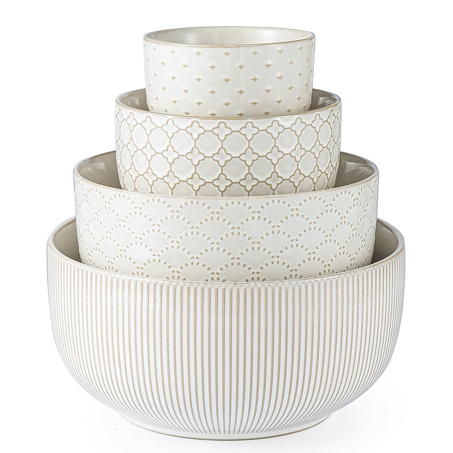 Mikiegy Ceramic Mixing Bowls Set of 4, Nesting Ceramic Embossment Stoneware Mixing Bowls for Cooking, Serving, Popcorn, Salad etc, Microwave & Dishwasher Safe, 20/44/98/145 oz, Off-White