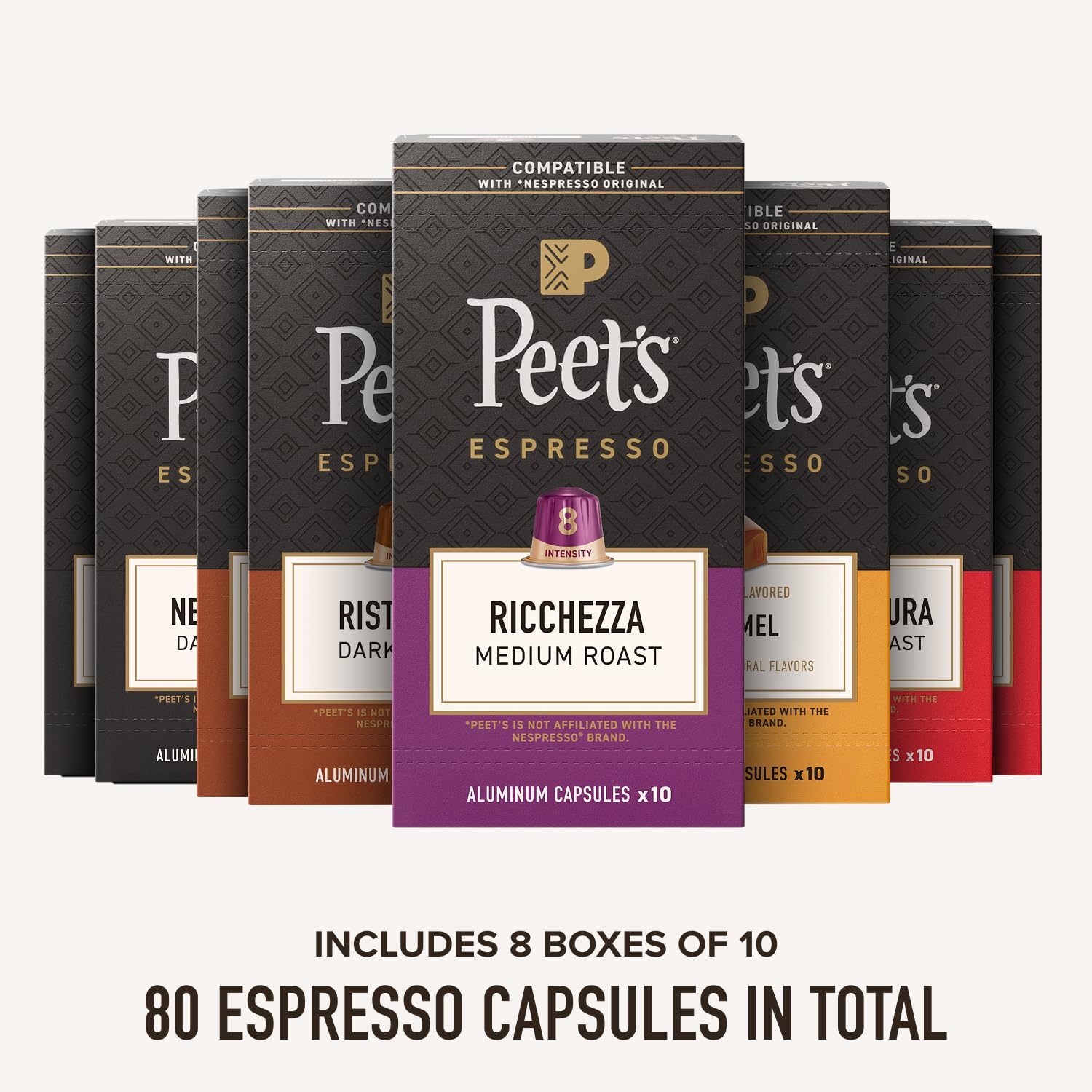 Peet's Coffee Dark Roast Espresso Capsules Variety Pack - Compatible with Nespresso, 80 Count (8 Boxes of 10)