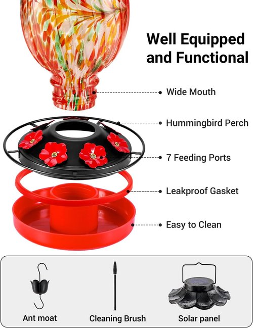 HouseSapp Solar Hummingbird Feeder - 49 fl. oz Color Changing Glass - 7 Feeding Ports & Perch