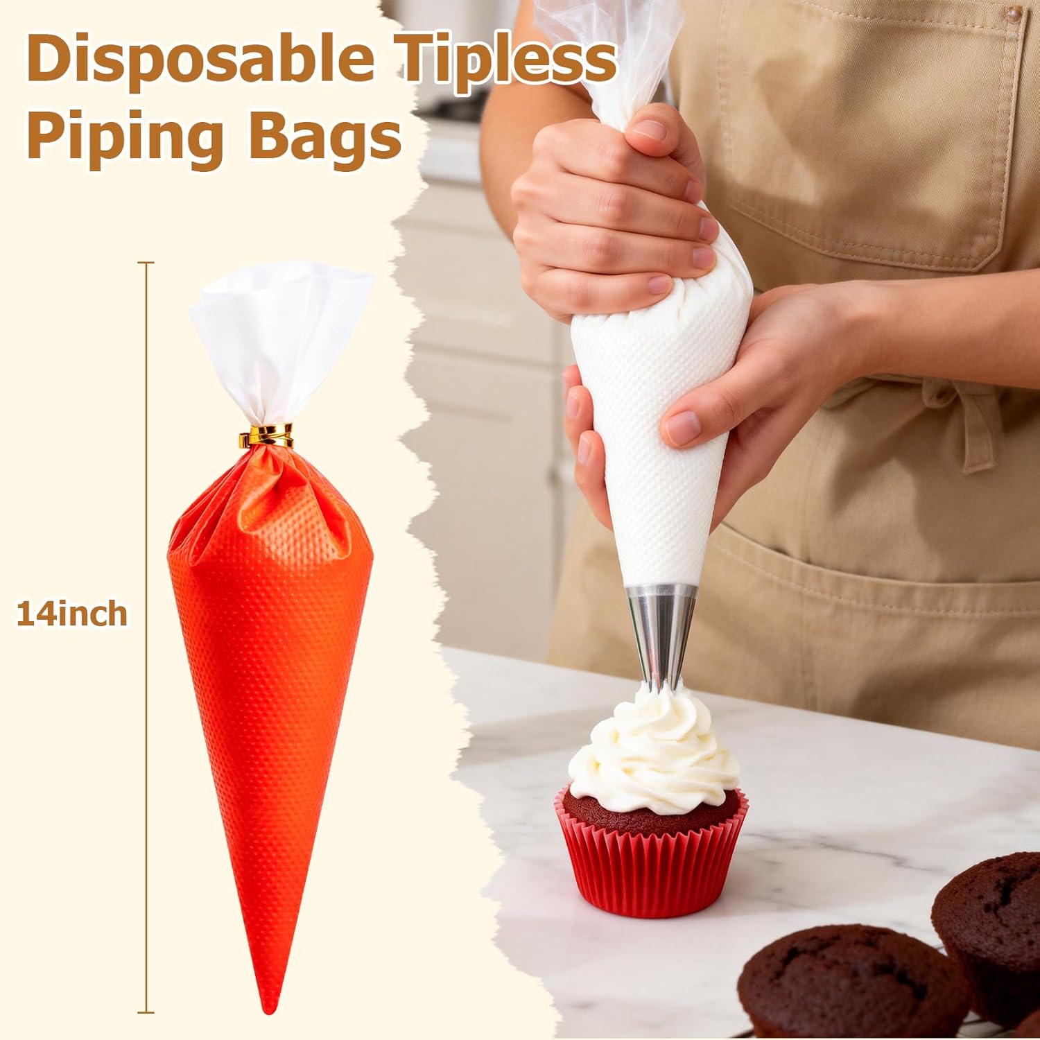 Tamodan 14-Inch Tipless Piping Bags - 100PCS Extra Thick Non-Slip Disposable Icing & Frosting Bags for Cakes, Cupcakes, Cookies