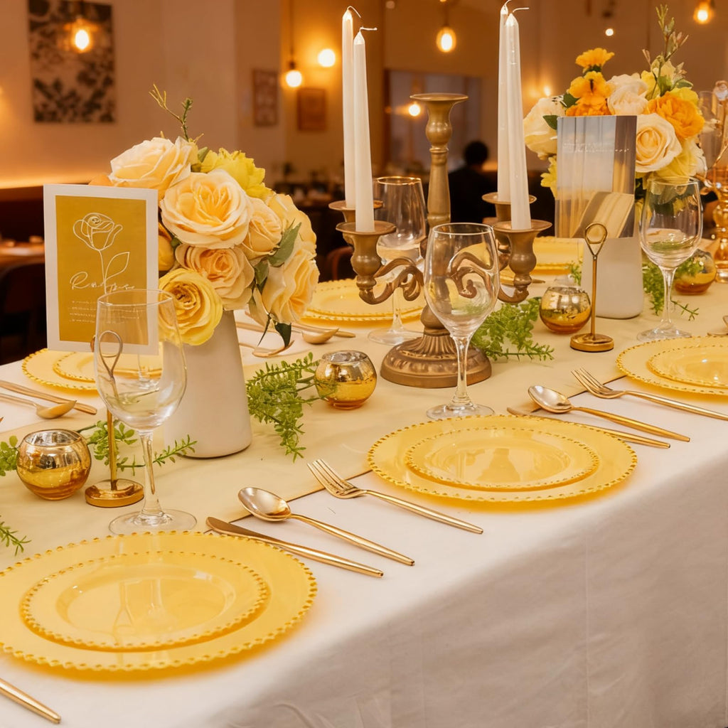 Supernal 100pcs Yellow Plastic Plates,Heavy Duty Plastic Plates,Yellow Party Decorations with Gold Beaded Including 50 Dinner Plate and 50 Disposable Dessert Plate,Pretty Disposable Platos for Wedding