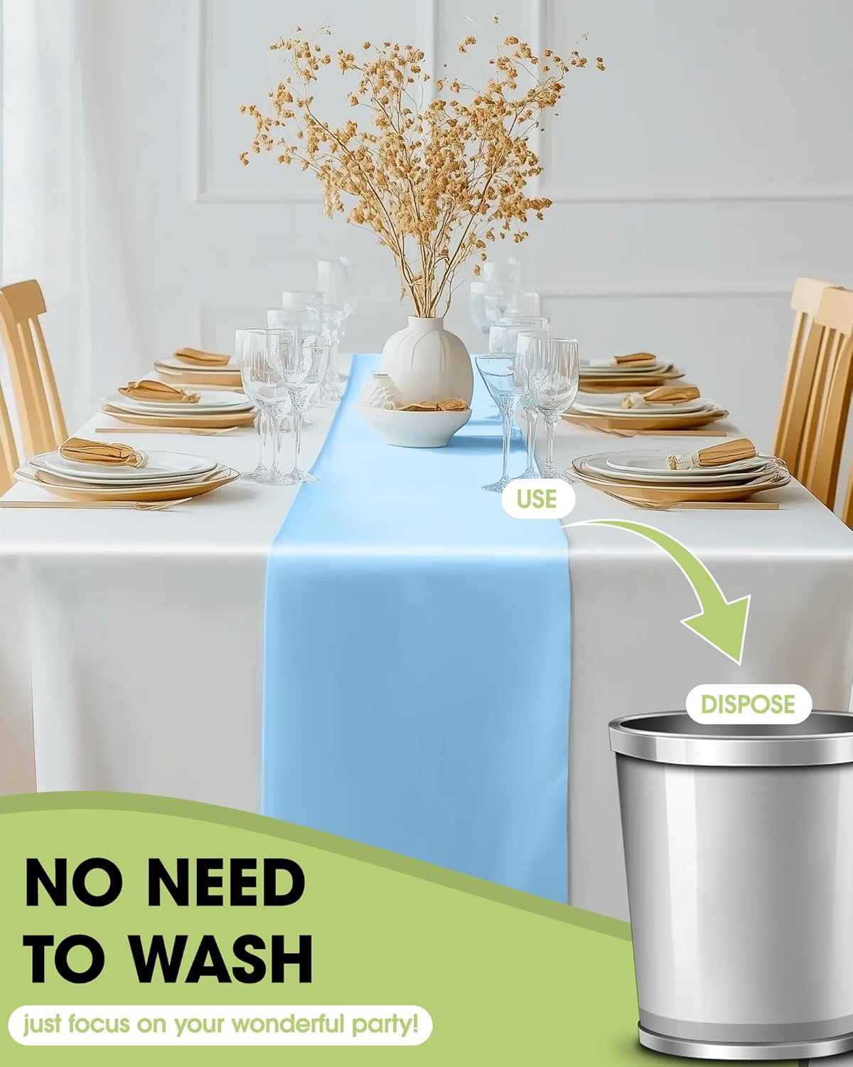 Pureegg Table Runners - Light Blue, 10 Pack, 14'' x 108'', Water Resistant & Disposable for Events