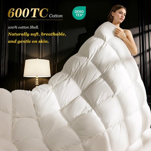 THX9ZRNM 75% Canadian Goose Down Comforter Queen Size, Ultra Soft 100% Cotton Fabric, 850 Fill Power All Season Duvet Insert, Hotel Luxury Bedding Comforters (White,90"x90")