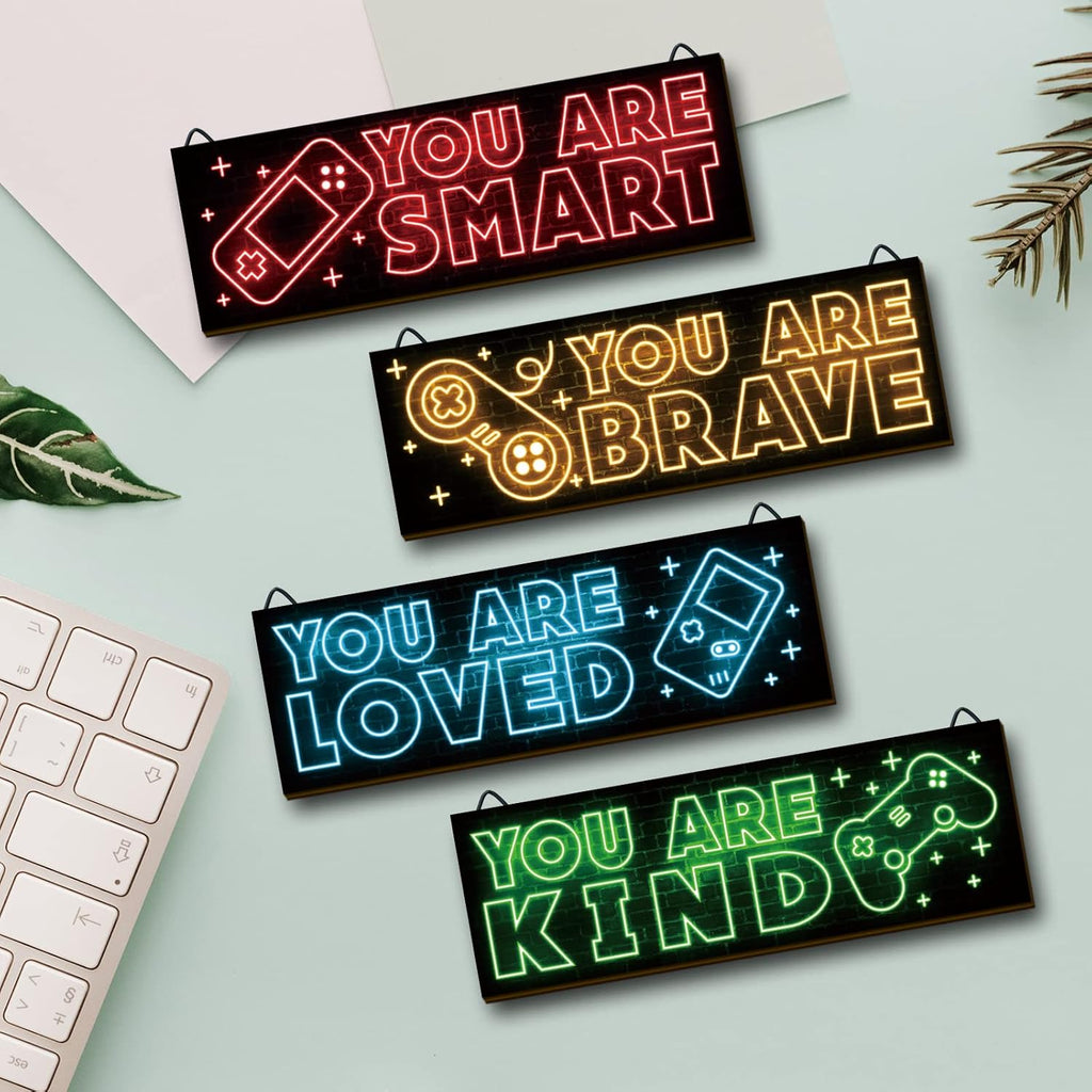 YLOLUL Neon Game Art Prints - 4-Piece Wood Wall Decor for Boys' Rooms | Inspirational Gamer Quotes, 12 x 4 Inch, Red