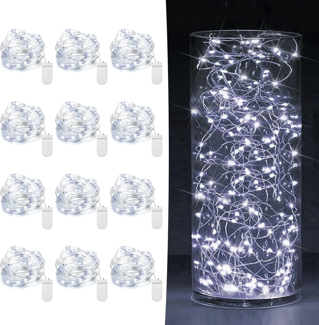 Skiennix 12 Pack Fairy Lights - Battery Operated 7ft Mini String Twinkle Lights | Cool White for Weddings & Parties