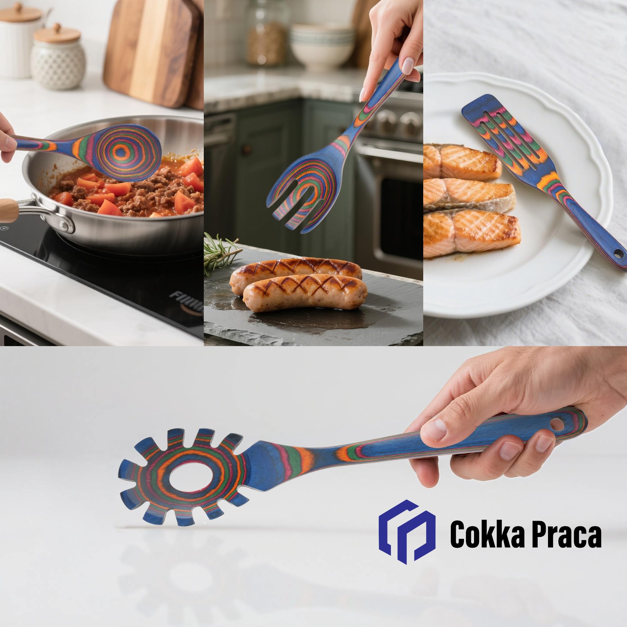 Cokka Praca 6-Piece Pakkawood Kitchen Utensils | Heat Resistant Wood Kitchen Utensils | Pakkawood Kitchen Cooking Utensil Set | Wooden Spoons for Cooking | Non-Sitck Cooking Spoons | Sapphire