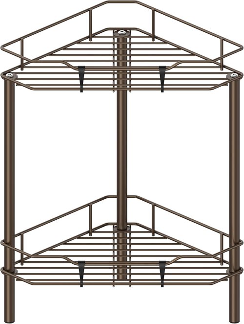 HuggieGems 2-Tier Corner Shower Caddy Organizer - Stylish Bathroom Shelf Rack with Hooks, Bronze Finish