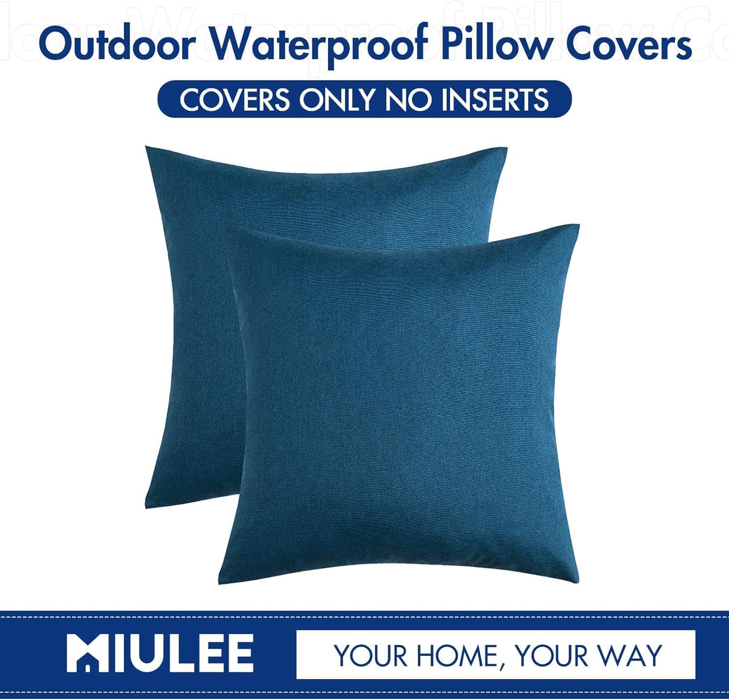MIULEE Decorative Outdoor Throw Pillow Covers - Waterproof Faux Linen Cushion Cases | 20x20 Inch Blue (Pack of 2)