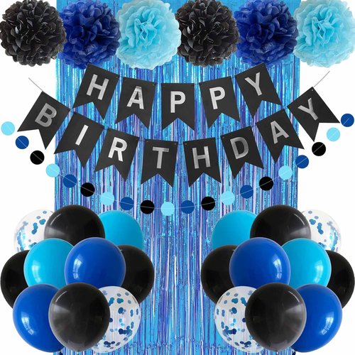 ANSOMO Happy Birthday Party Decorations - Blue & Black Banner, Balloons & Pom Poms | Perfect for All Ages