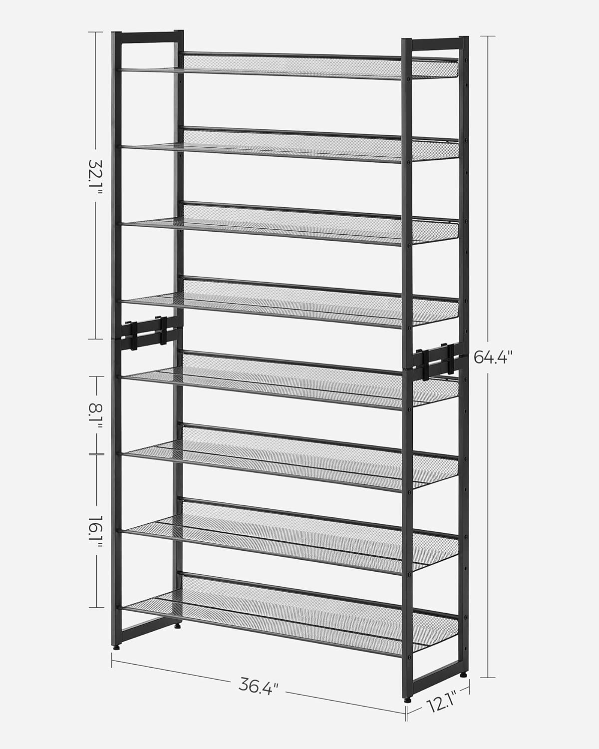 SONGMICS 8-Tier Shoe Rack - Metal Organizer for Garage | Adjustable Shelves, Holds 32-40 Pairs, Ink Black