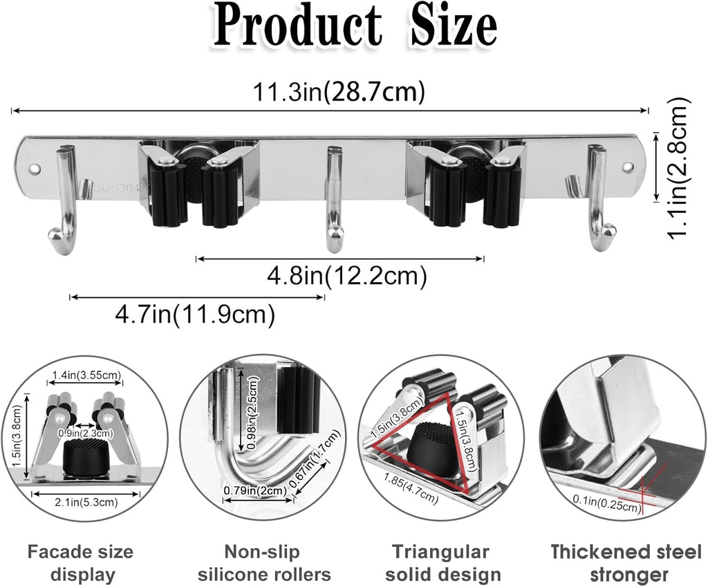 Skiennix Wall-Mounted Broom and Mop Holder | Heavy-Duty Stainless Steel Organizer with 2 Racks & 3 Hooks