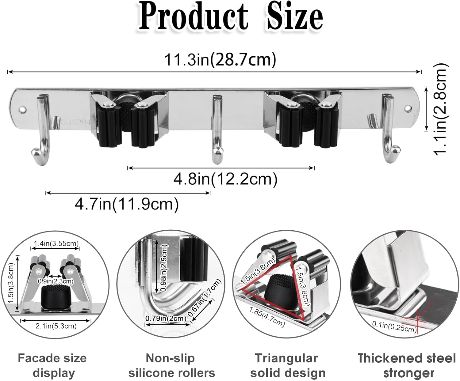Skiennix Wall-Mounted Broom and Mop Holder | Heavy-Duty Stainless Steel Organizer with 2 Racks & 3 Hooks