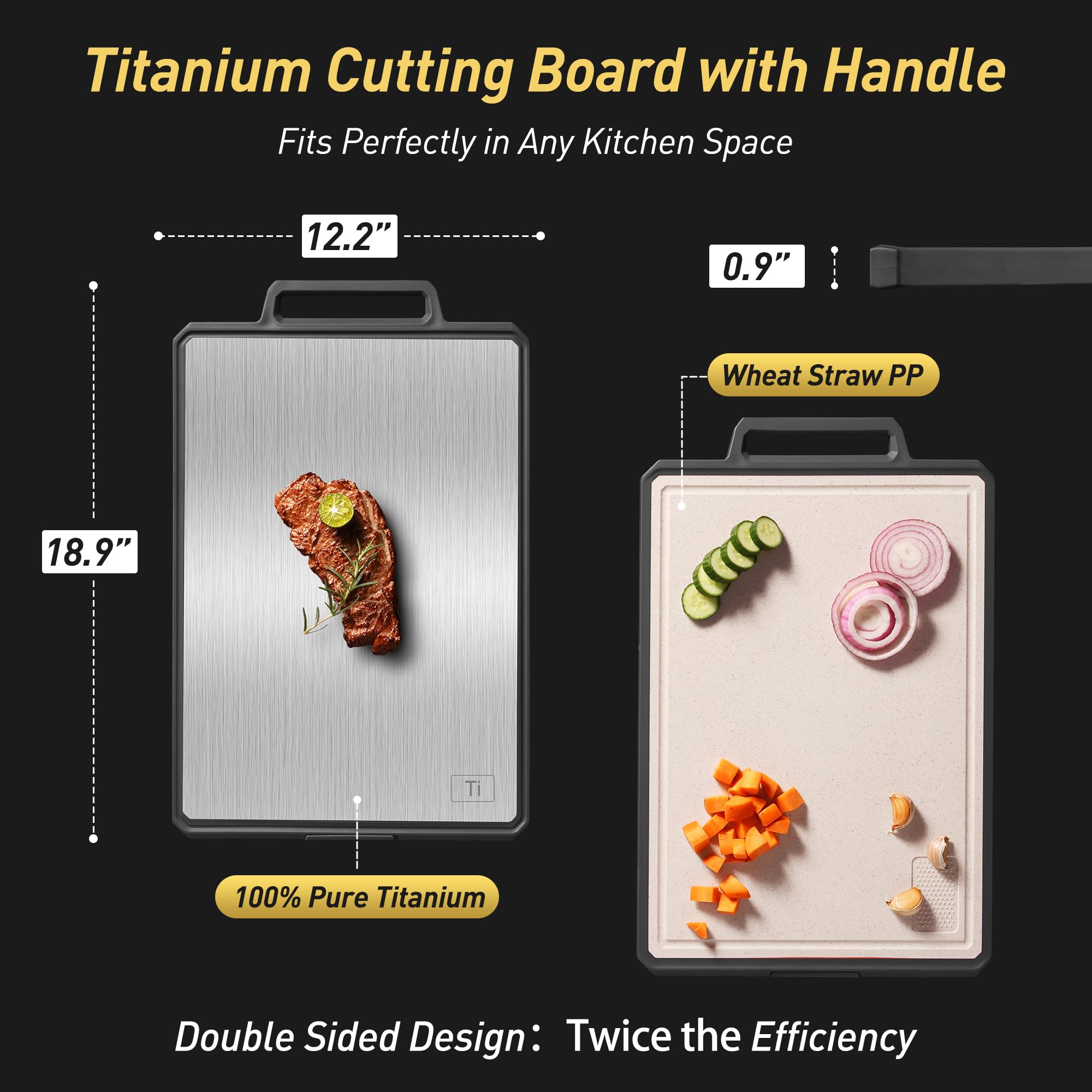 Titanium Cutting Boards for Kitchen Chopping Board with Handle Large Big Small Kitchen Meat Butcher Block 2 in 1 Pure Titanium and Wheat Straw PP Not Wood Bamboo Plastic Silicone Teak Morandi Blue
