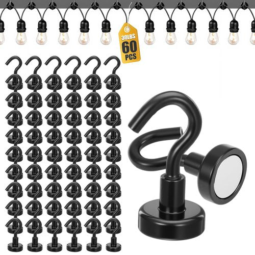 Limbeuuu 60 PCS Outdoor Hooks for Hanging String Lights, Balck Magnetic Hooks Strong 30lbs+ Hanging Party Light Wall Cable for Outside Cruise Cabin Refrigerator Fridge Grills Must Have