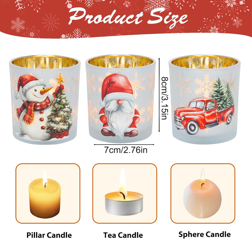 Regine Switzerland Christmas Votive Candle Holders - Set of 3 White, Gold & Red Glass for Holiday Decor | Gnome, Truck & Snowman Designs