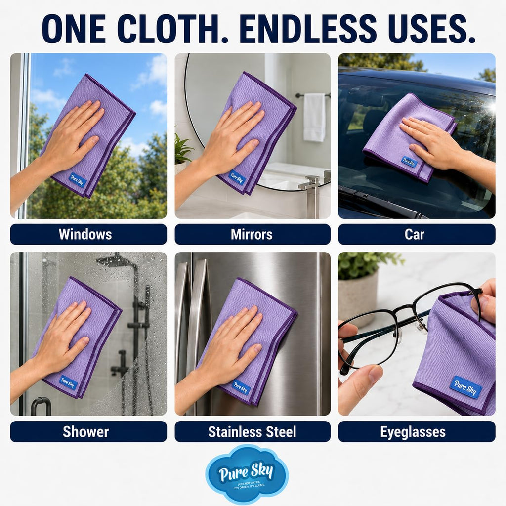 Pure Sky Window & Glass Cleaning Cloth Patented DUO-FECT Technology Streak-Free, No Chemicals, Removes Up to 99% of Bacteria with Water Only Reusable Microfiber Cleaner for Windows, Mirrors, Cars