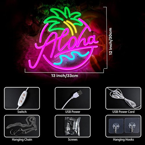 Aloha Neon Sign - Tropical LED Light for Beach Parties | Pink, Blue & Green Tiki Bar Decor