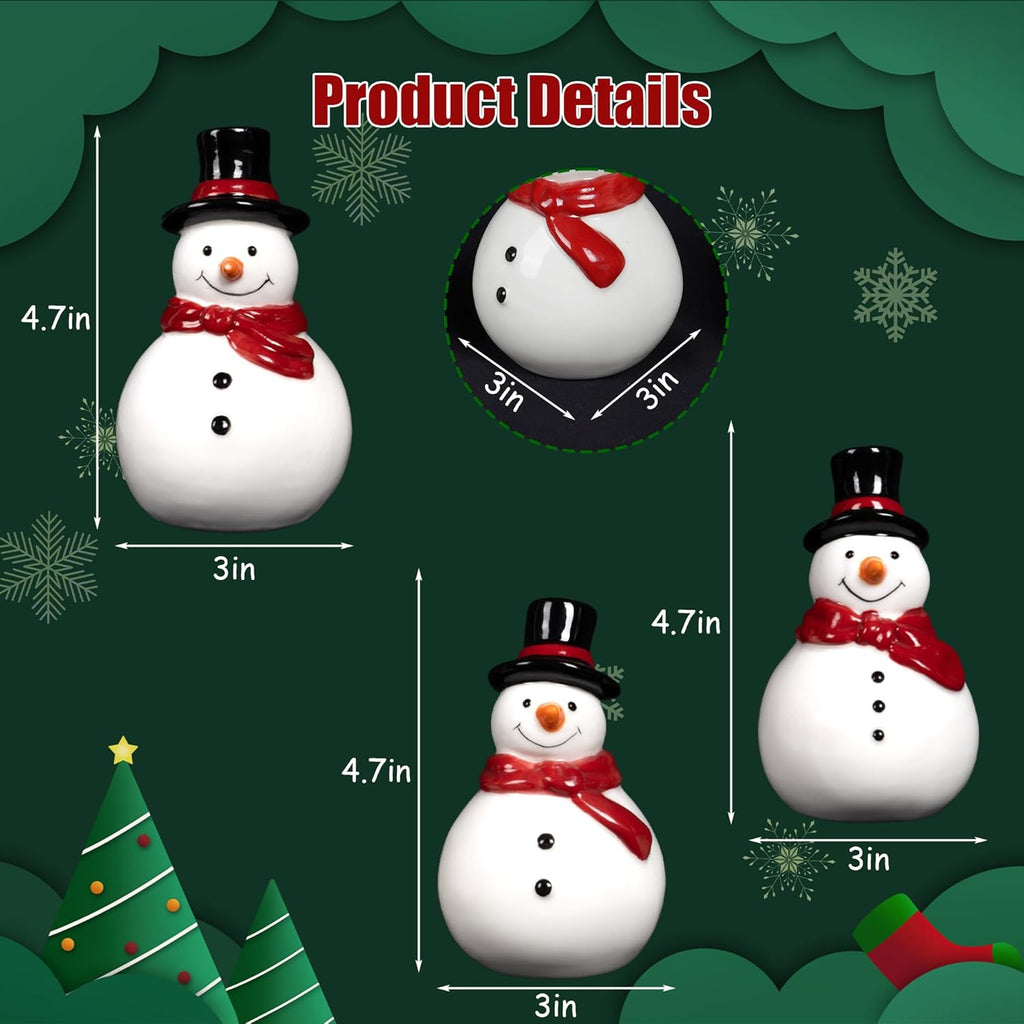 Nerosun Christmas Snowman Figurines - 3 Pack LED Lighted Ceramic Tabletop Ornaments for Winter Decor