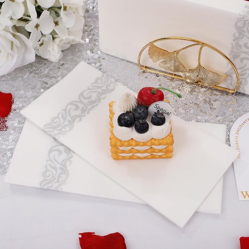 400 PCS Silver Napkins Disposable Hand Towels, Soft and Absorbent Linen Feel Dinner Napkins, White and Silver Paper Napkins, Elegant Decorative Paper Guest Towels for Bathroom Kitchen Wedding Party