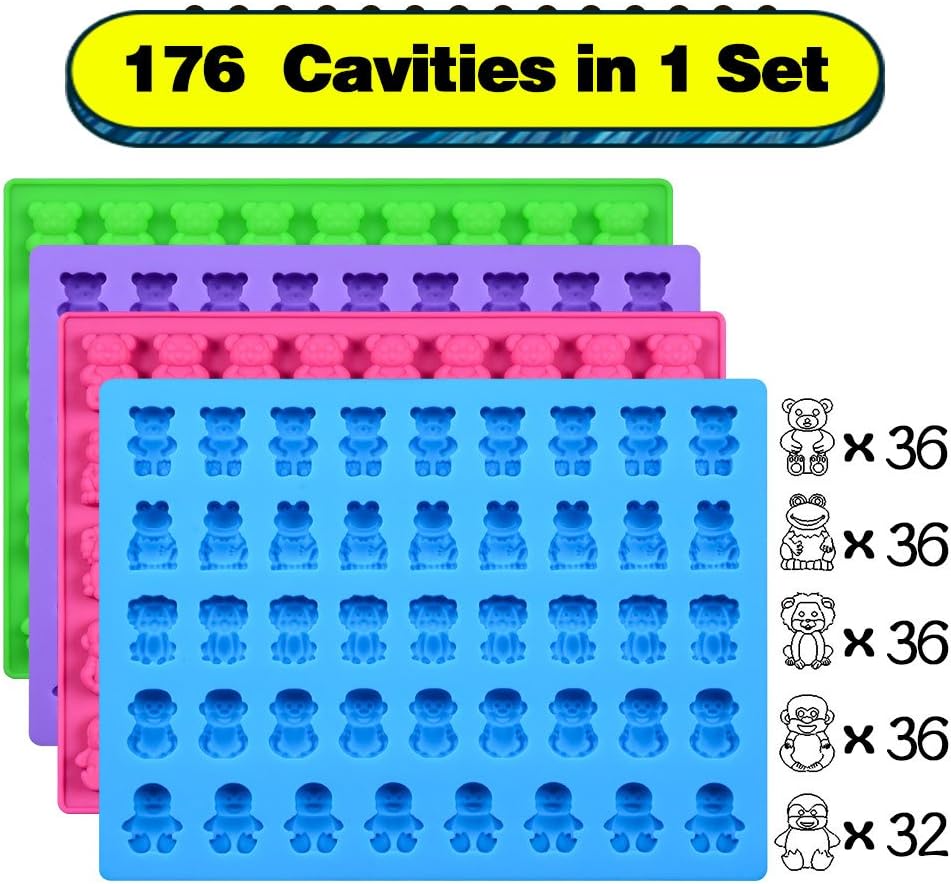 Silicone Candy Gummy Bear Molds - Premium 4-Pack with Bears, Frogs, Lions & More | Includes 2 Droppers