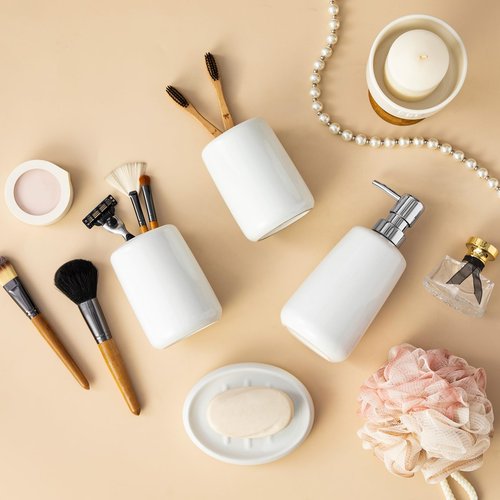 vancasso White Bathroom Accessories Set, Ceramic Soap Dispenser and Toothbrush Holder Sets, Stoneware 4 Pcs Bathroom Sink Set for Modern Home Decor