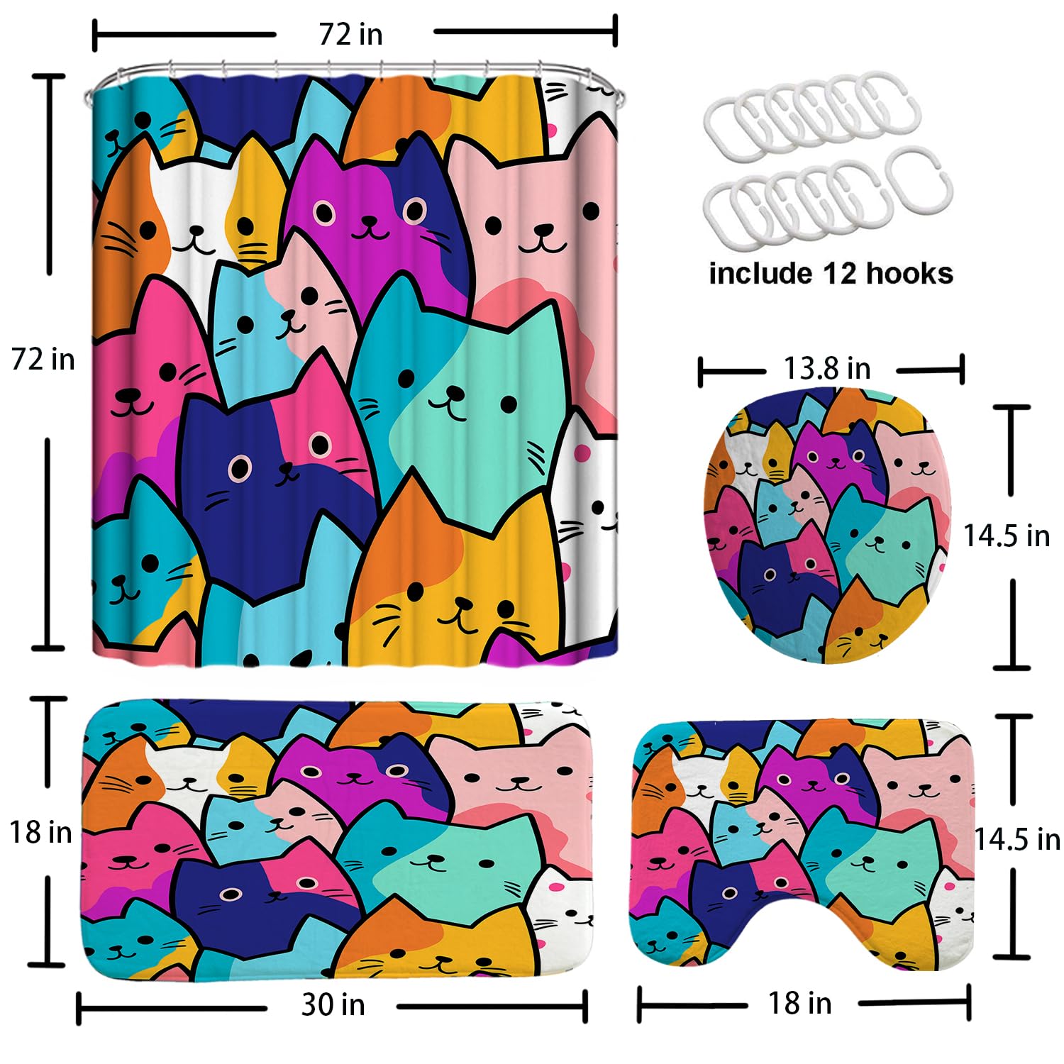 GRIEKOWE 4 Pcs Educational Kids Shower Curtain Set with Non-Slip Rugs, Months, Days, Shapes, and Multiplication Table for Learning – Fun Cartoon Animals Design, Bathroom Decor for Children 72Lx72in
