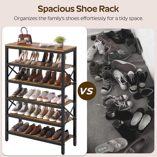 YATINEY 6-Tier Tall Shoe Rack Organizer, Wooden Shoe Storage for Closet Holds 24 Pairs, Sturdy Shoe Shelf with X-Shaped Metal Support, for Entryway, Bedroom, Rustic Brown and Black SS206BR