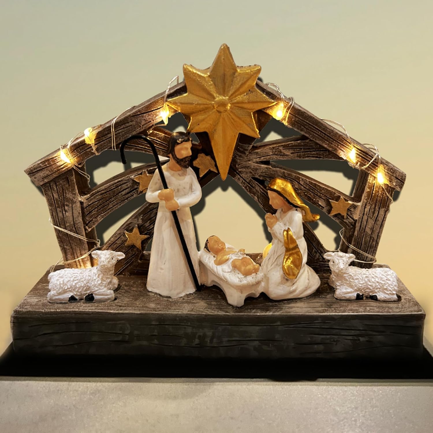 Nativity Scene | Hand-Painted Resin Figures with Lights - First Christmas Story Decoration for Indoor Display