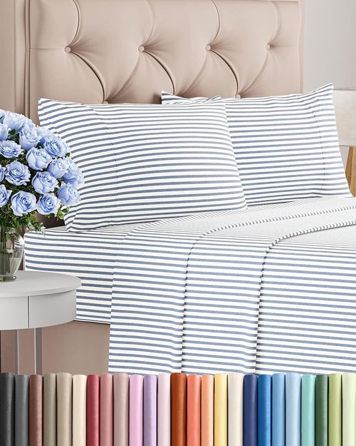 Cal King Size 4-Piece Sheet Set by Hotel Luxury | Comfy, Breathable & Cooling Bed Sheets - Deep Pockets, Wrinkle-Free - Blue Stripes