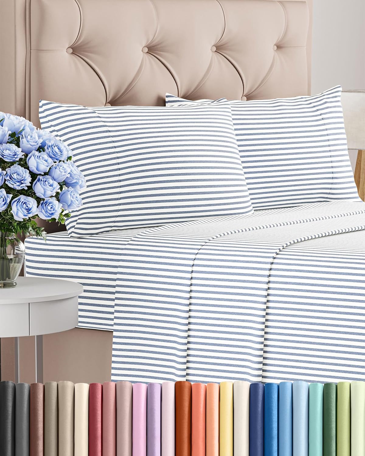 Skiennix Queen Size Sheet Set - Comfy Cooling Bed Sheets | Luxury Hotel Quality - Deep Pockets, Soft, Wrinkle-Free - Blue Stripes