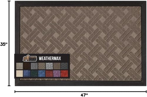 GORILLA GRIP Waterproof All-Season WeatherMAX Doormat - 47x35 Natural Rubber, Stain & Fade Resistant, Easy Clean Taupe Basket Weave