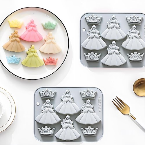 3D Silicone Crown Fondant Molds, 2 Pcs Princess-style Crown and Dress Shaped Baking Molds for Chocolate, Candy, Cookie, Jelly, Cupcake Topper, 7.13 x 5.63 Inches
