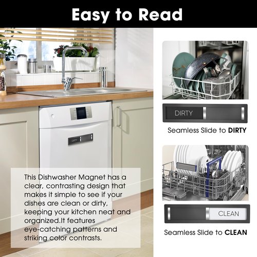 Dishwasher Magnet Clean Dirty Sign, HYF DESIGN Grade 304 Stainless Steel, Non-Scratch/Easy to Read & Slide/Strong Clean Dirty Magnet for Dishwasher, Extra Adhesive Tapes Included(Black-04)