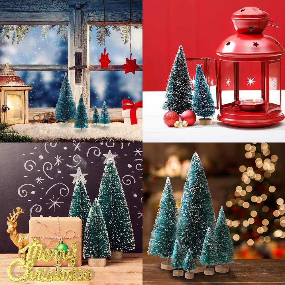Skiennix Artificial Mini Sisal Christmas Trees - Snow Frosted with Wooden Bases | 20 Pcs in Blue-Green for Home Decor