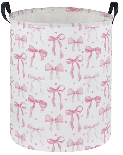 DDBASKET Girls Laundry Basket Pink Hamper for Nursery Bowkont Hamper Cute Kids Storage Bin Organizer Room Decor for Home(Pink bowkont)