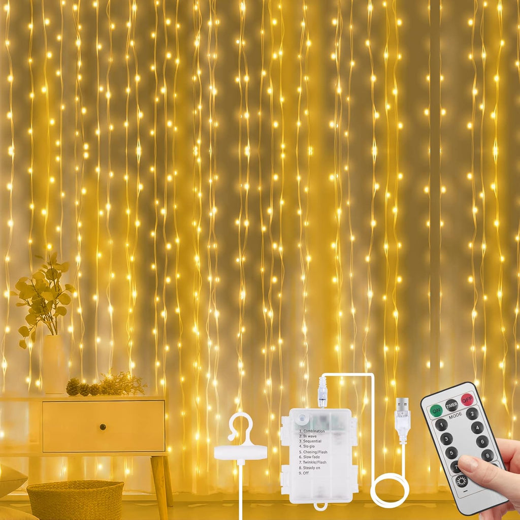 Vicloon Fairy Curtain Lights - 300 LED Warm White String Lights | 9.8x9.8 Ft Waterproof with Remote Control