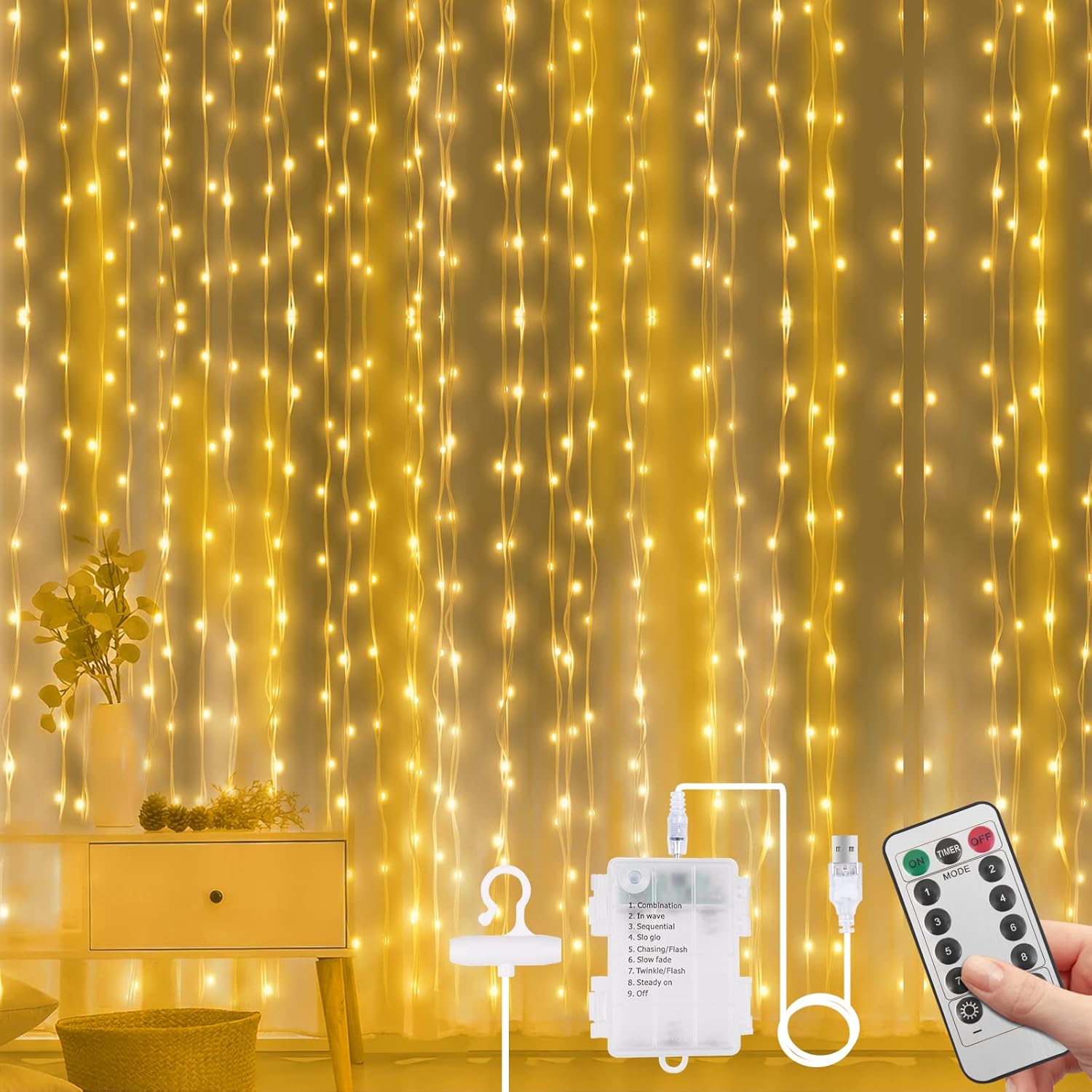 Vicloon Fairy Curtain Lights - 300 LED Warm White String Lights | 9.8x9.8 Ft Waterproof with Remote Control