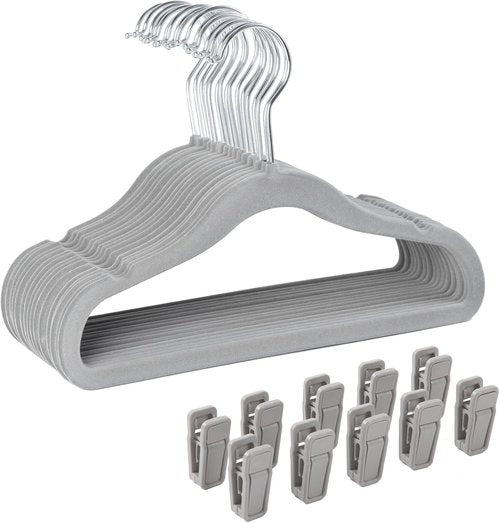 Finnhomy Velvet Baby & Kids Non-Slip Clothes Hangers - 30-Pack with 10 Finger Clips, Gray