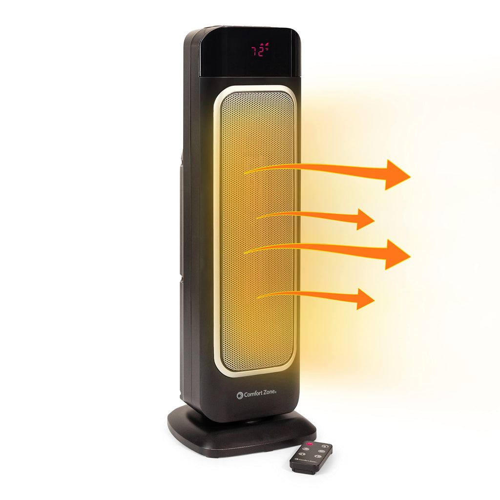 Comfort Zone Electric 24" Oscillating Digital Tower Space Heater with Full Function Remote, Adjustable Thermostat, and Overheat Protection, Ideal for Home, Bedroom, & Office, 1,500W, CZ523RBK