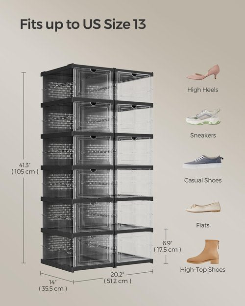 SONGMICS Foldable Shoe Boxes, Pack of 12 Stackable Shoe Storage Organizer, Set of 2 Integraed Shoe Cabinets, Portable, Fit up to US Size 13, 60s Assembly, Transparent and Ink Black ULSP206B01
