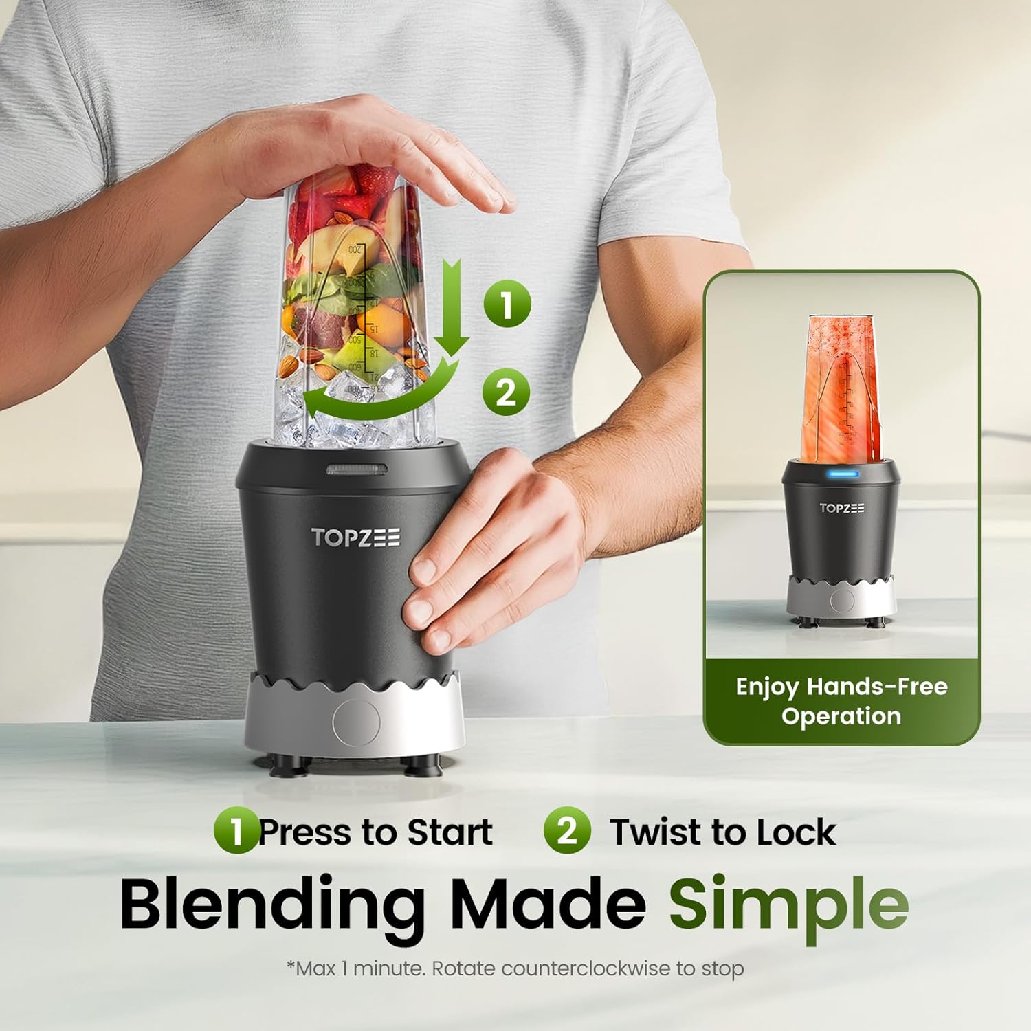TOPZEE Personal Smoothie Blender - 1000W Single-Serve with 24oz To-Go Cup | Ideal for Protein Shakes & Smoothies, Black
