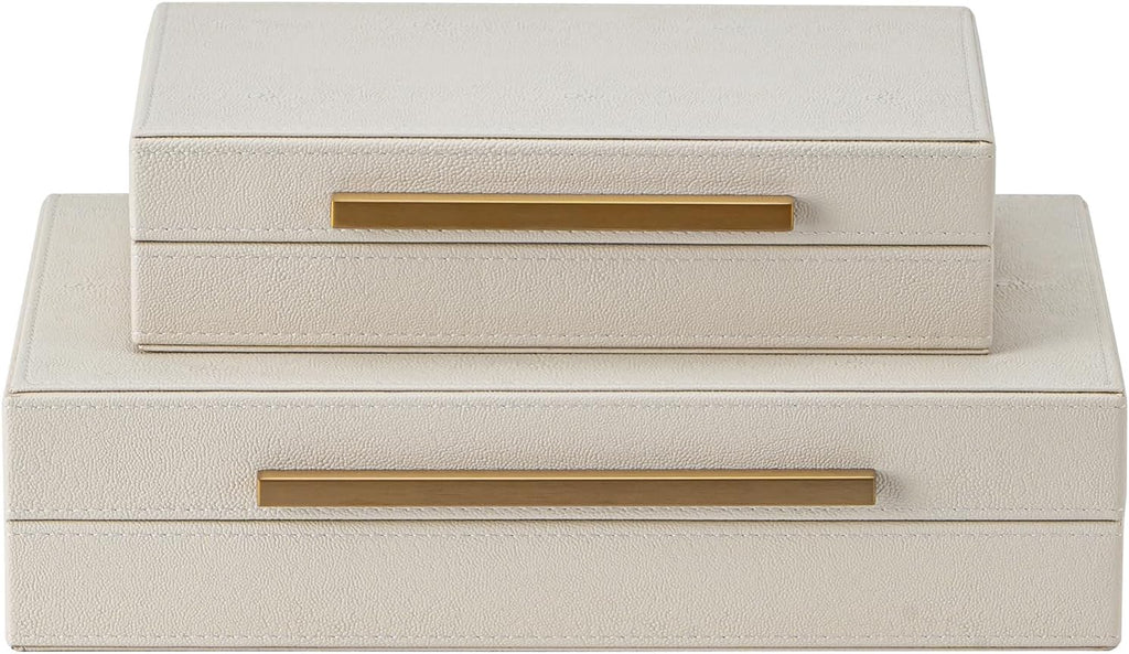 XIGEXIGE Faux Leather Jewelry Box Set - Large Stackable Nesting Organizers in Beige Shagreen with Gold Handles