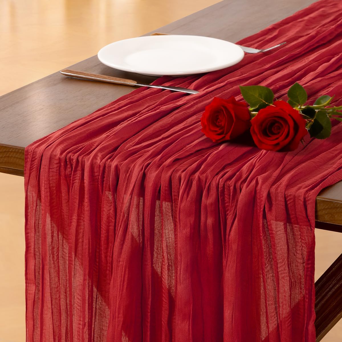 Socomi Red Cheesecloth Table Runner - 120 Inch Boho Rustic Decor for Weddings, Parties & Holidays