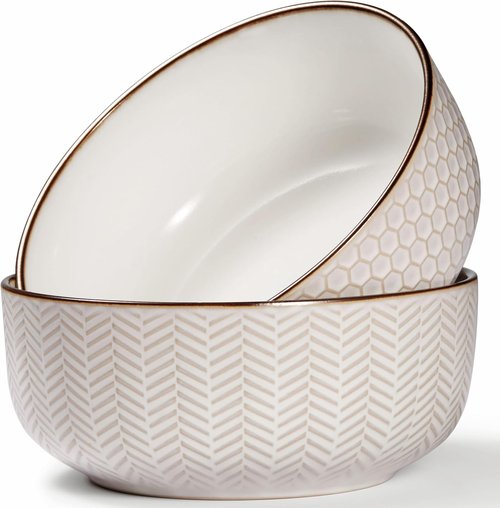 KooK Ceramic Salad Bowls - Embossed Large Serving Bowls | Microwave & Dishwasher Safe, Cream with Dark Copper Accents, Set of 2, 60 oz
