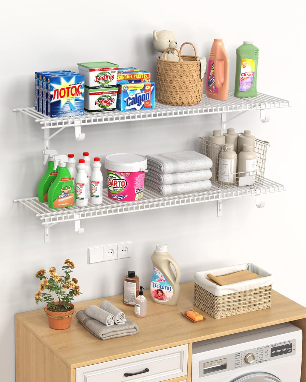 Supforce 2 Pack Closet Shelves with Triangular Brackets and Hanging Rod, 4FT X 12IN Wall Mounted Wire Shelving Orgnizer for Closet,Laundry Room,Pantry,Load Up to 150lb