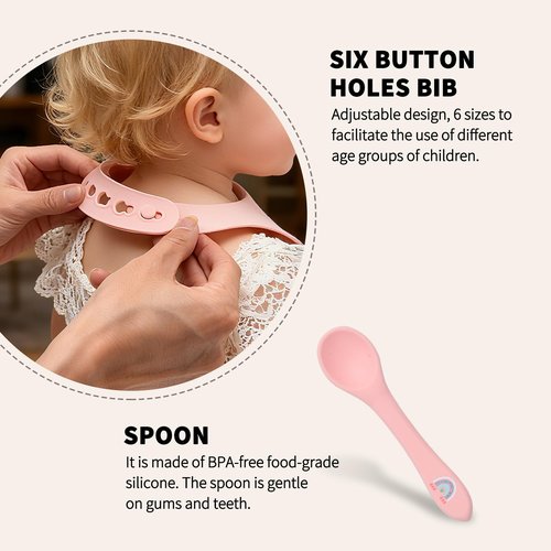 Imagination Junction silicone baby feeding set, Baby Led Weaning Supplies，Cutlery Feeding Supplies, Baby Utensils Feeding Essentials for Starting Solids，5 Piece Set (pink)