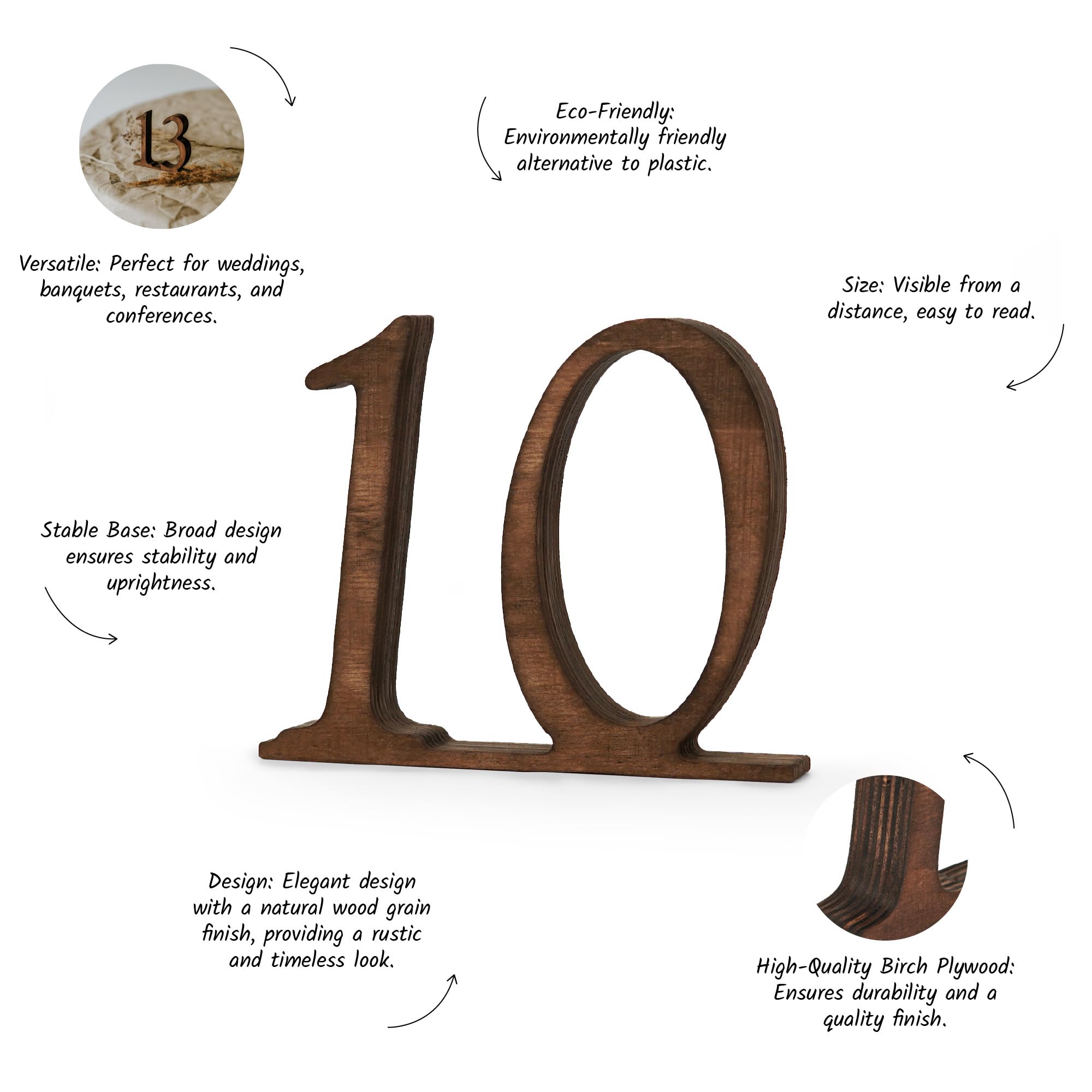 Wooden Wedding Table Numbers 1-10, Rustic Table Number Signs for Reception, Party, Banquet, Event Centerpieces, Self-Standing Wood Numbers with Base, Elegant Décor for Restaurant or Bridal Shower