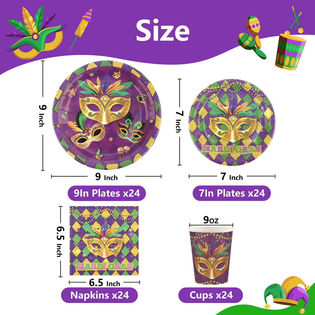 Arosche Mardi Gras Decorations Party Supplies Set for 24-Disposable Paper Plates and Napkins, Cups, New Orleans Masquerade Beads Holiday Tableware Party Decorations for Fat Tuesday Party Table Decor