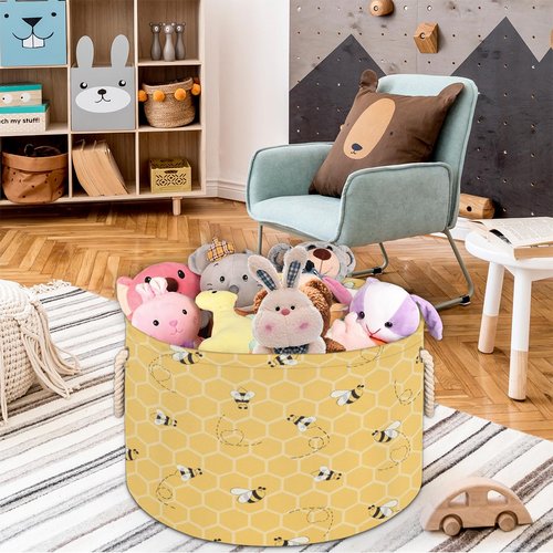 FengQuGou Cute Yellow Bee Large Storage Basket Honeycomb Bee Round Laundry Basket with Handle Organization Collapsible Storage Bins Box Hamper for Kids Toy Clothes Nursery Bedroom Living Room Decor